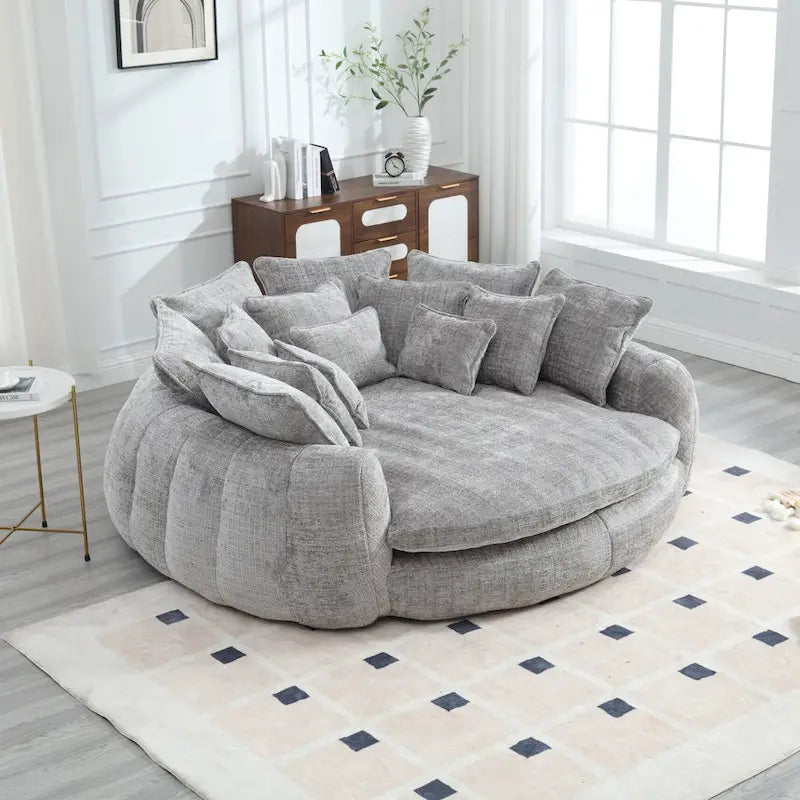 Oversized Round Chenille Sofa Bed with Armrests and Throw Pillows