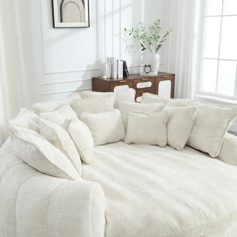 Oversized Round Chenille Sofa Bed with Armrests and Throw Pillows