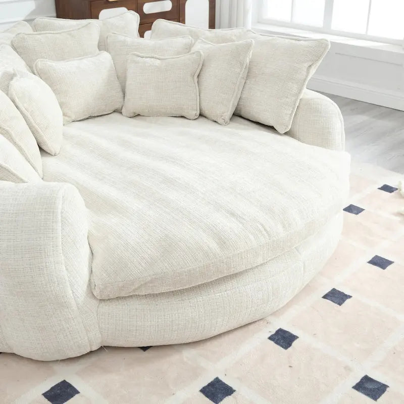 Oversized Round Chenille Sofa Bed with Armrests and Throw Pillows