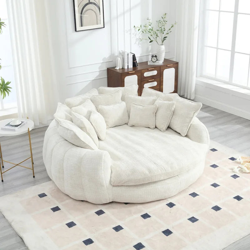 Oversized Round Chenille Sofa Bed with Armrests and Throw Pillows