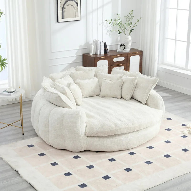 Oversized Round Chenille Sofa Bed with Armrests and Throw Pillows