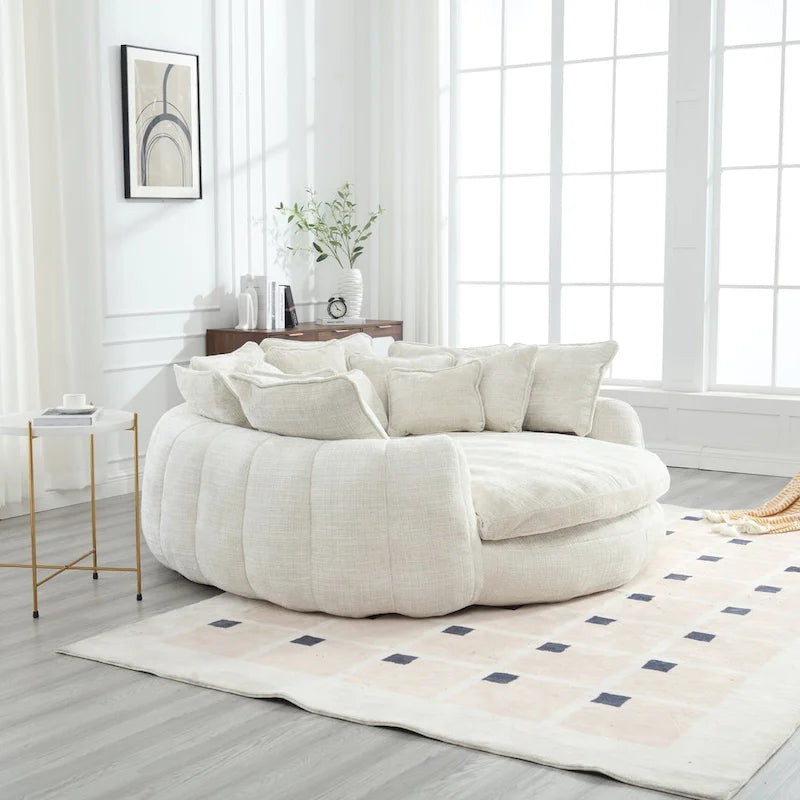 Oversized Round Chenille Sofa Bed with Armrests and Throw Pillows
