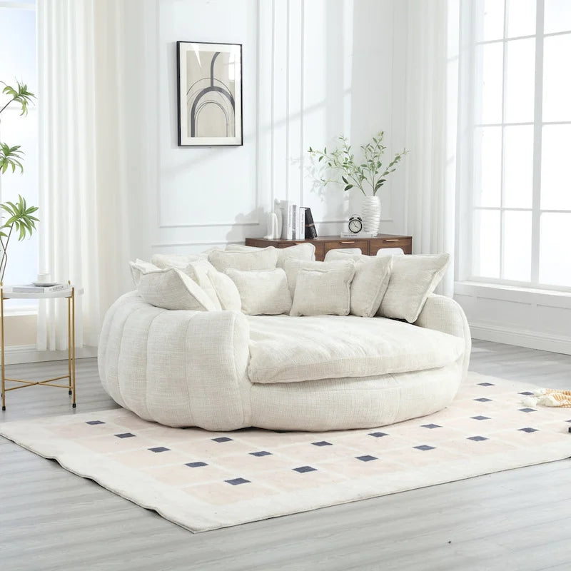 Oversized Round Chenille Sofa Bed with Armrests and Throw Pillows