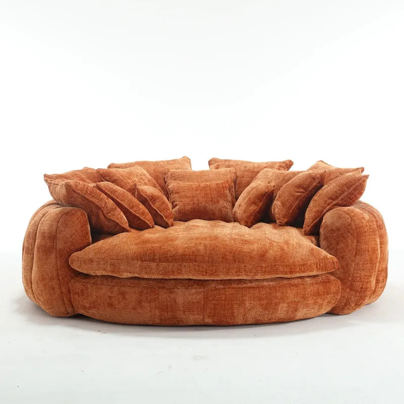 Oversized Round Chenille Sofa Bed with Armrests and Throw Pillows