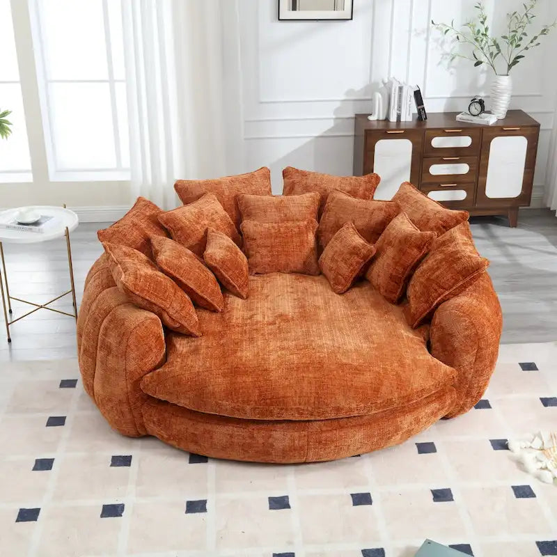 Oversized Round Chenille Sofa Bed with Armrests and Throw Pillows