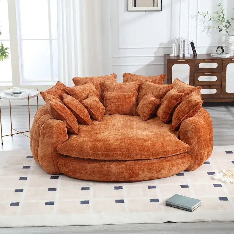 Oversized Round Chenille Sofa Bed with Armrests and Throw Pillows