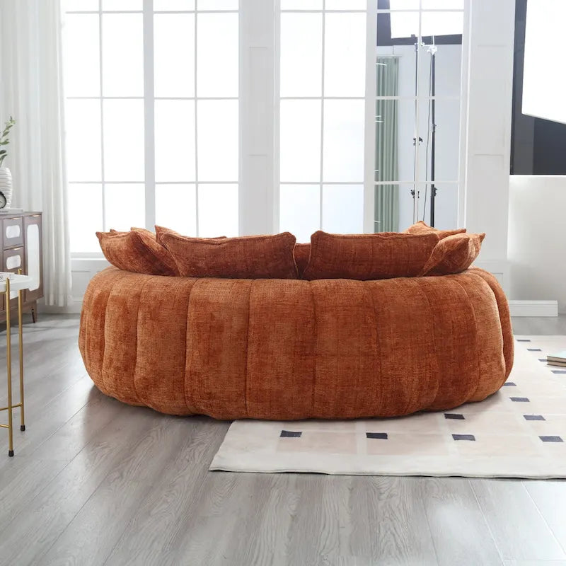 Oversized Round Chenille Sofa Bed with Armrests and Throw Pillows