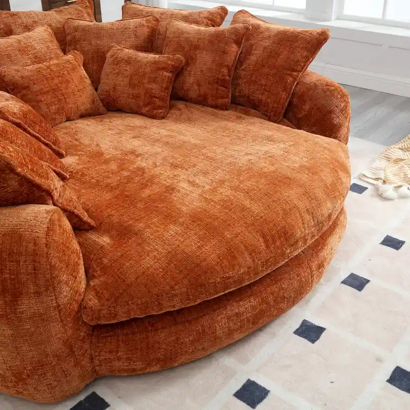 Oversized Round Chenille Sofa Bed with Armrests and Throw Pillows