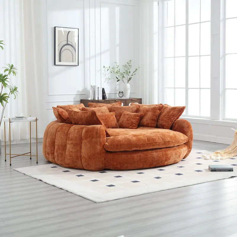 Oversized Round Chenille Sofa Bed with Armrests and Throw Pillows