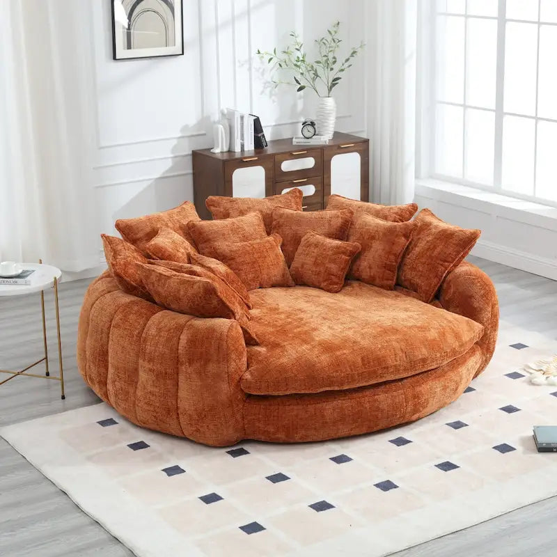 Oversized Round Chenille Sofa Bed with Armrests and Throw Pillows