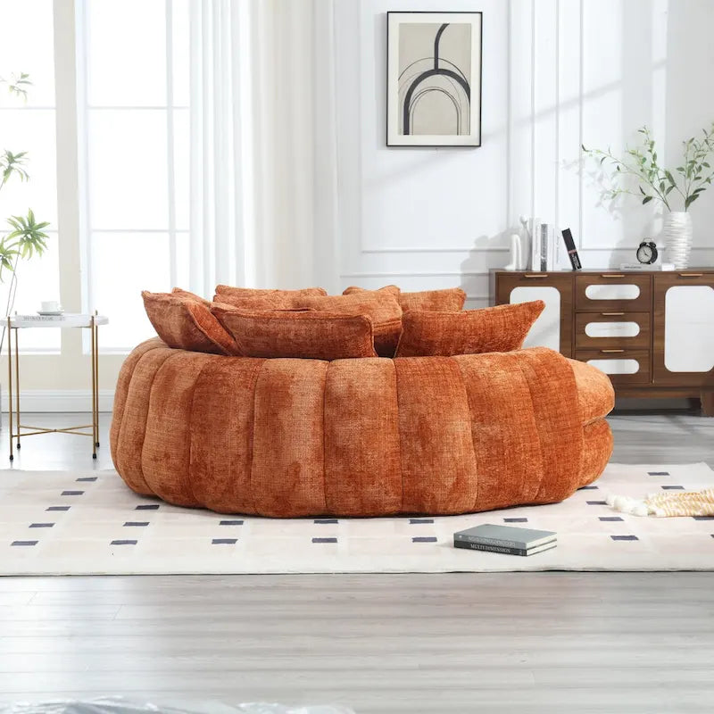 Oversized Round Chenille Sofa Bed with Armrests and Throw Pillows