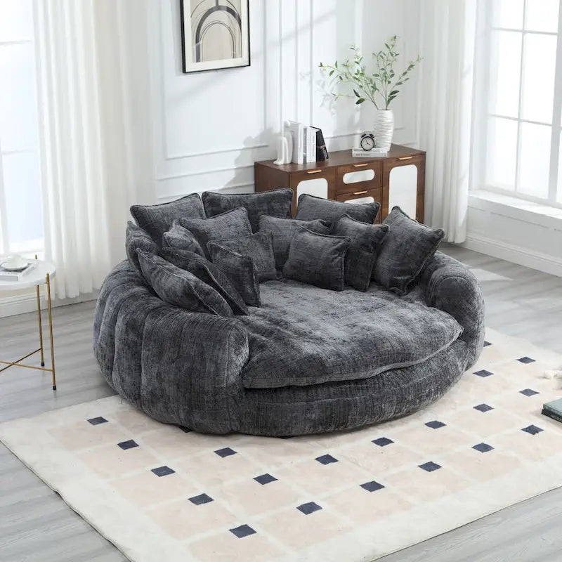 Oversized Round Chenille Sofa Bed with Armrests and Throw Pillows