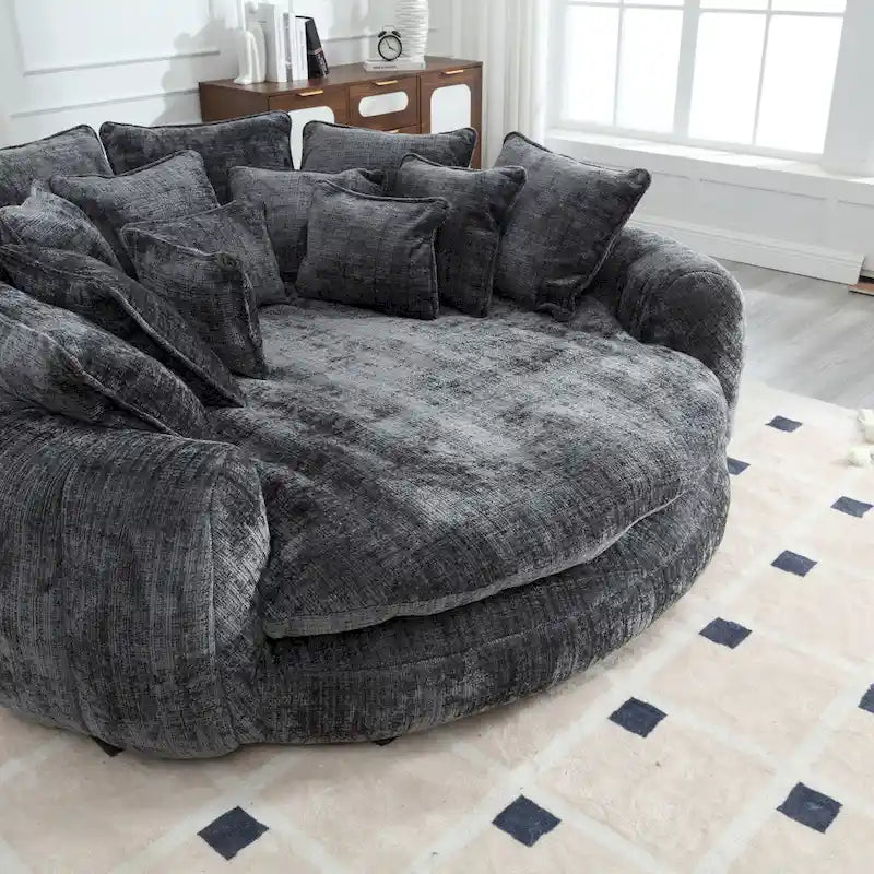 Oversized Round Chenille Sofa Bed with Armrests and Throw Pillows