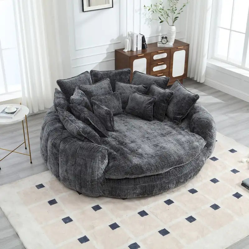 Oversized Round Chenille Sofa Bed with Armrests and Throw Pillows