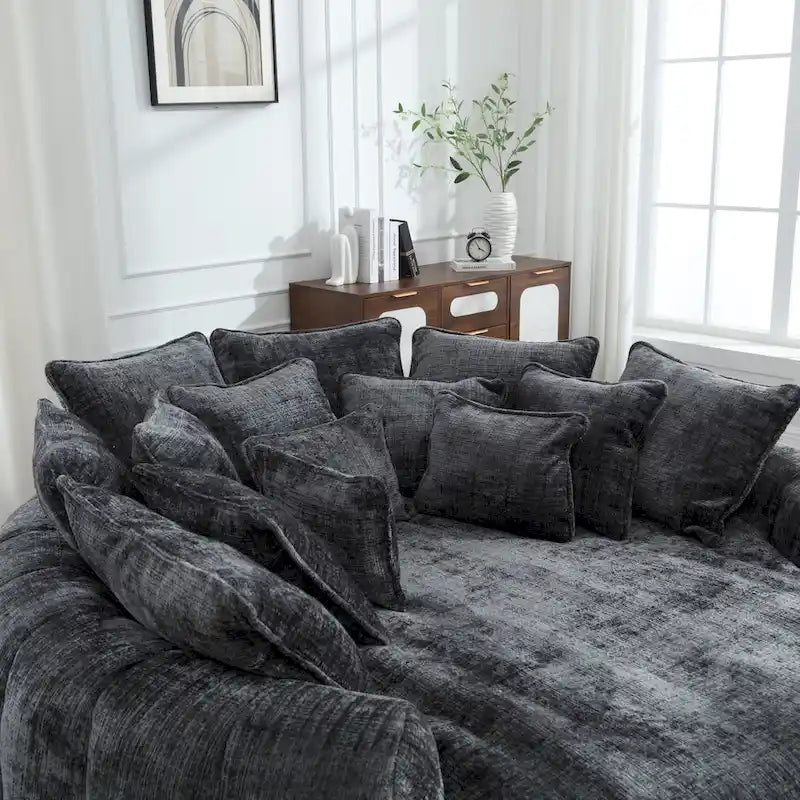 Oversized Round Chenille Sofa Bed with Armrests and Throw Pillows
