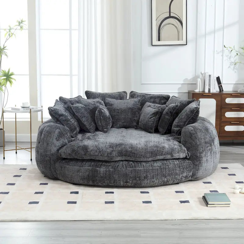 Oversized Round Chenille Sofa Bed with Armrests and Throw Pillows
