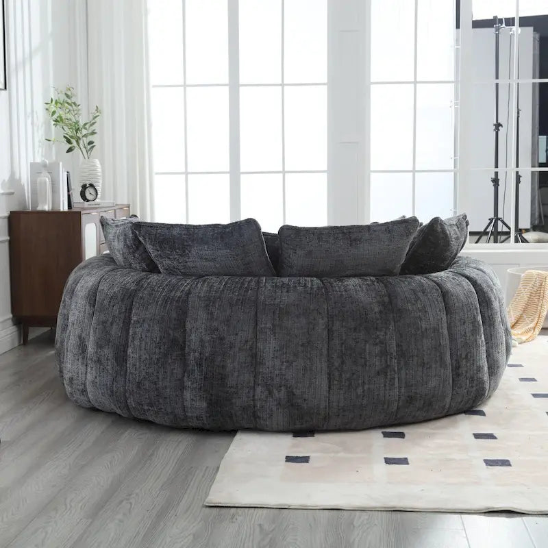 Oversized Round Chenille Sofa Bed with Armrests and Throw Pillows