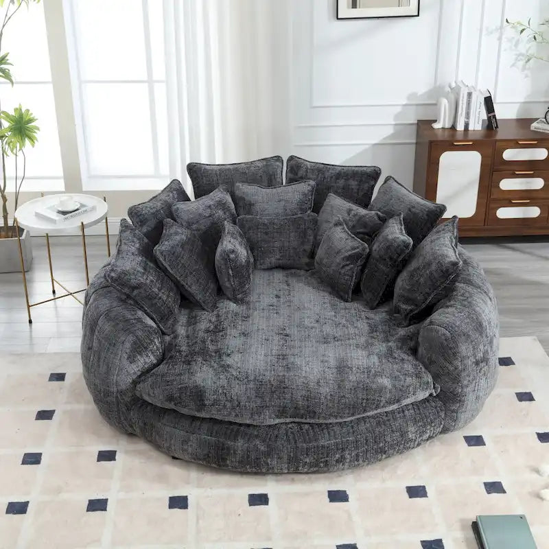 Oversized Round Chenille Sofa Bed with Armrests and Throw Pillows