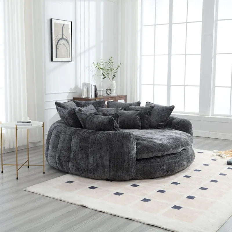 Oversized Round Chenille Sofa Bed with Armrests and Throw Pillows