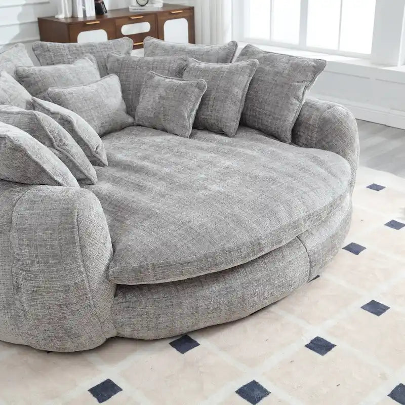 Oversized Round Chenille Sofa Bed with Armrests and Throw Pillows