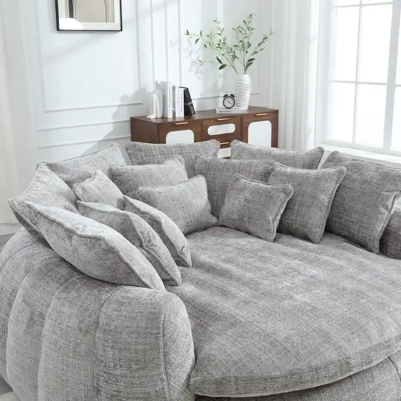 Oversized Round Chenille Sofa Bed with Armrests and Throw Pillows