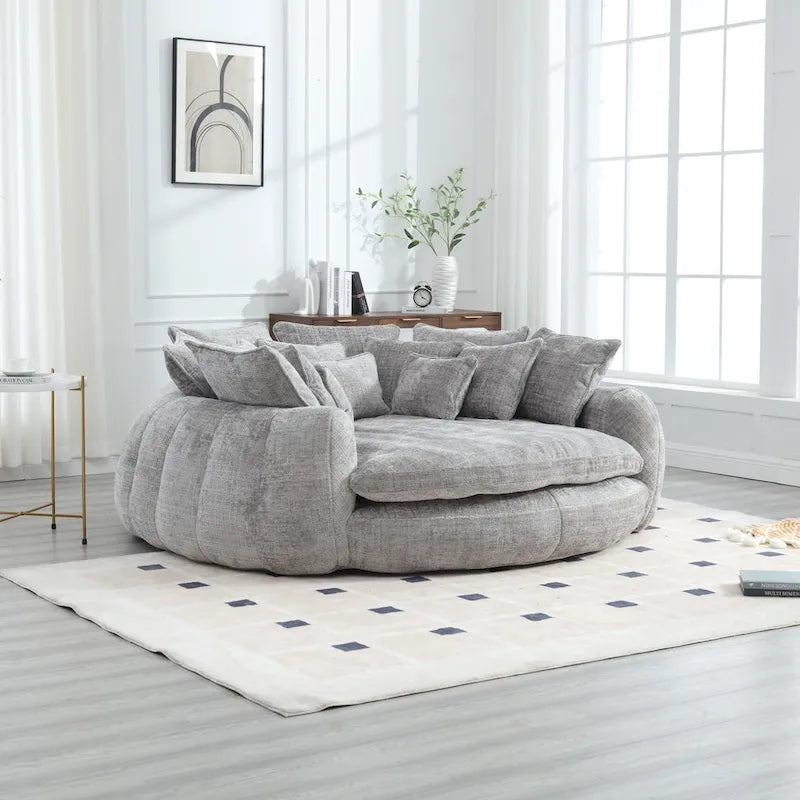 Oversized Round Chenille Sofa Bed with Armrests and Throw Pillows