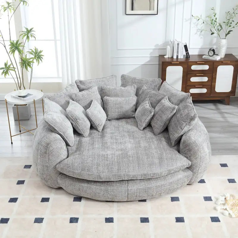 Oversized Round Chenille Sofa Bed with Armrests and Throw Pillows