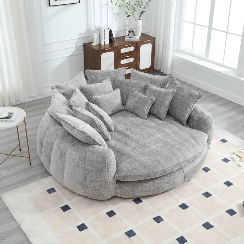 Oversized Round Chenille Sofa Bed with Armrests and Throw Pillows