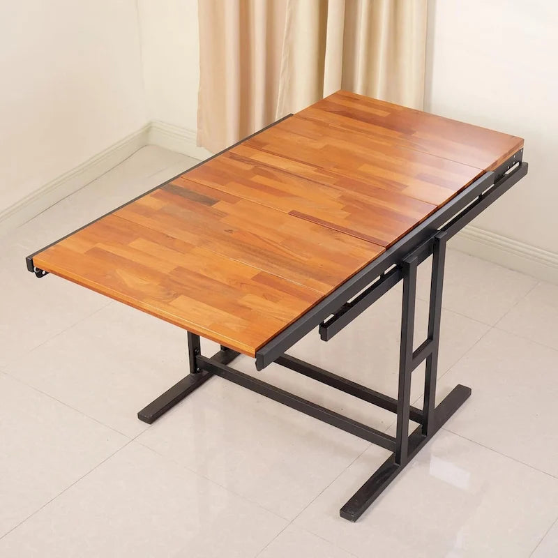 Foldable Wooden Dining Table with Black Metal Frame Industrial Style