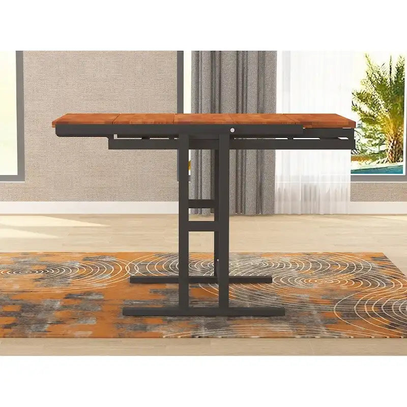 Foldable Wooden Dining Table with Black Metal Frame Industrial Style