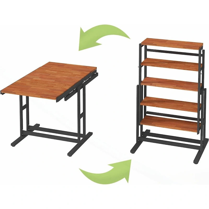 Foldable Wooden Dining Table with Black Metal Frame Industrial Style