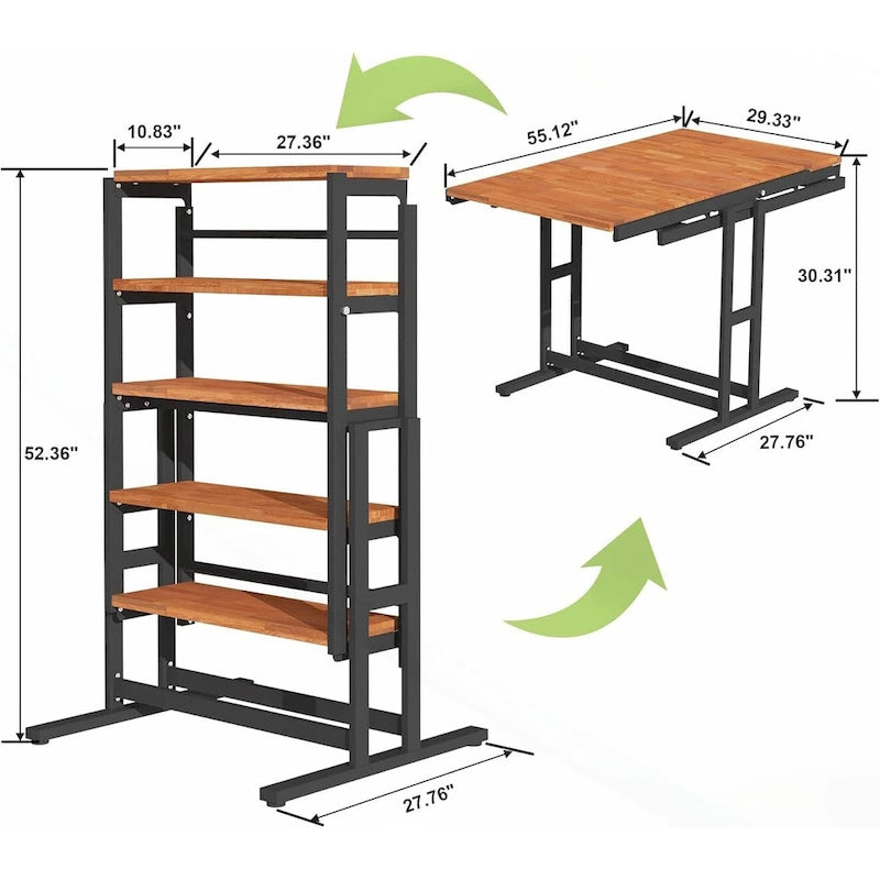 Foldable Wooden Dining Table with Black Metal Frame Industrial Style
