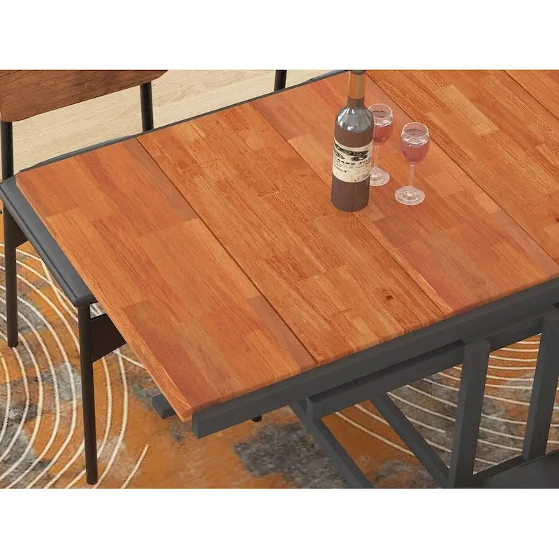 Foldable Wooden Dining Table with Black Metal Frame Industrial Style