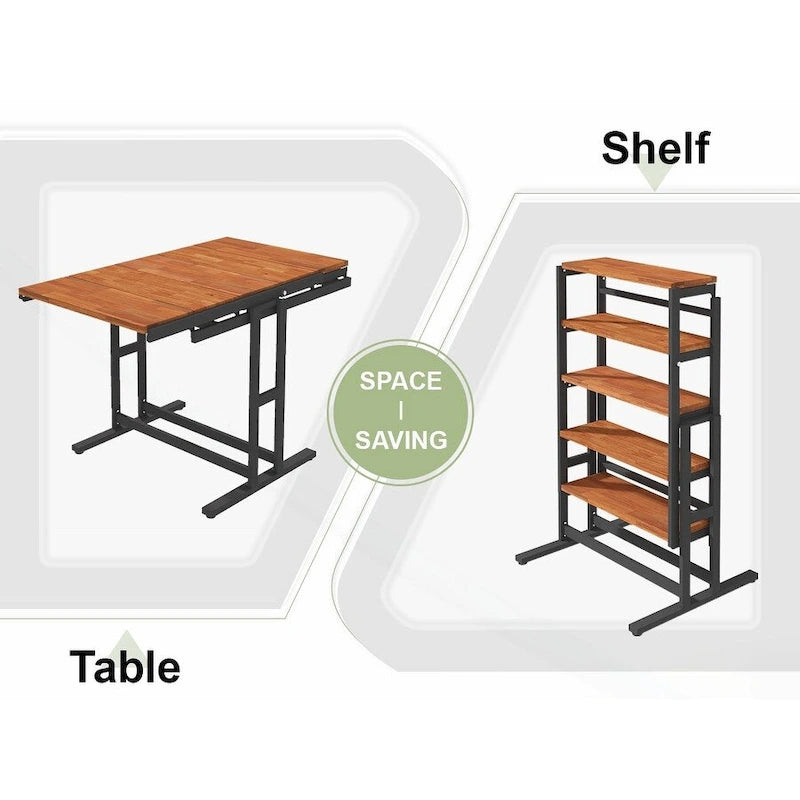 Foldable Wooden Dining Table with Black Metal Frame Industrial Style