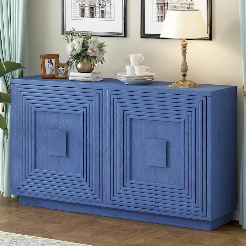 4-Door Fluted Sideboard Cabinet with Adjustable Shelves Navy Blue