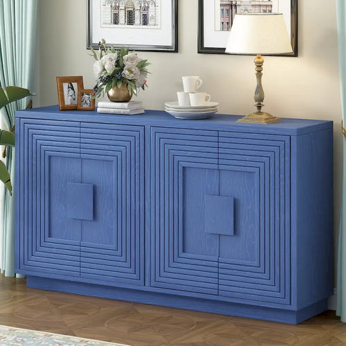 4-Door Fluted Sideboard Cabinet with Adjustable Shelves Navy Blue