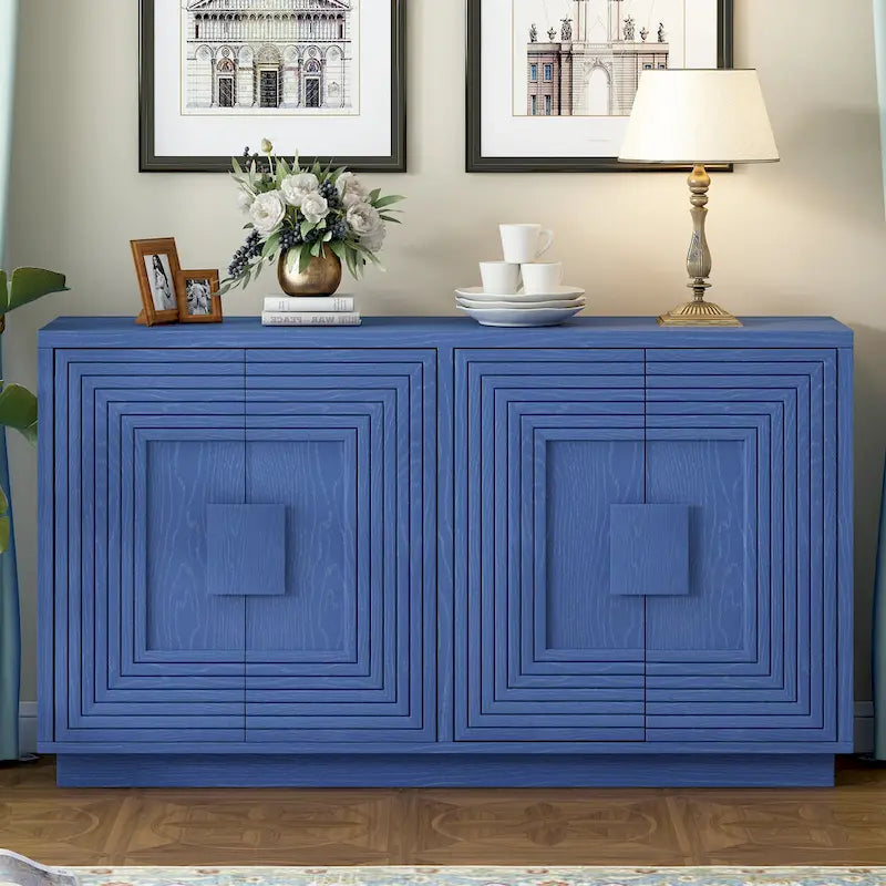 4-Door Fluted Sideboard Cabinet with Adjustable Shelves Navy Blue