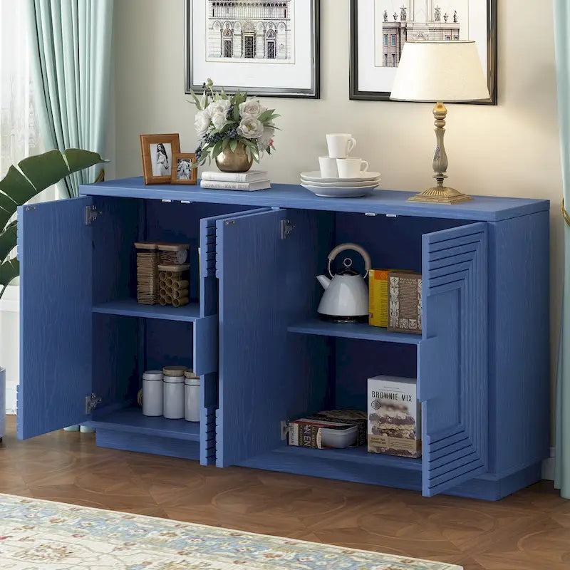 4-Door Fluted Sideboard Cabinet with Adjustable Shelves Navy Blue