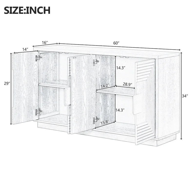 4-Door Fluted Sideboard Cabinet with Adjustable Shelves Navy Blue
