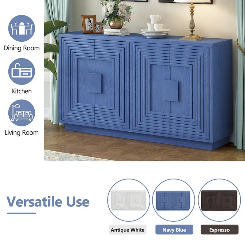 4-Door Fluted Sideboard Cabinet with Adjustable Shelves Navy Blue