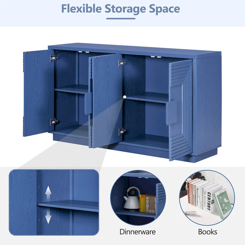 4-Door Fluted Sideboard Cabinet with Adjustable Shelves Navy Blue