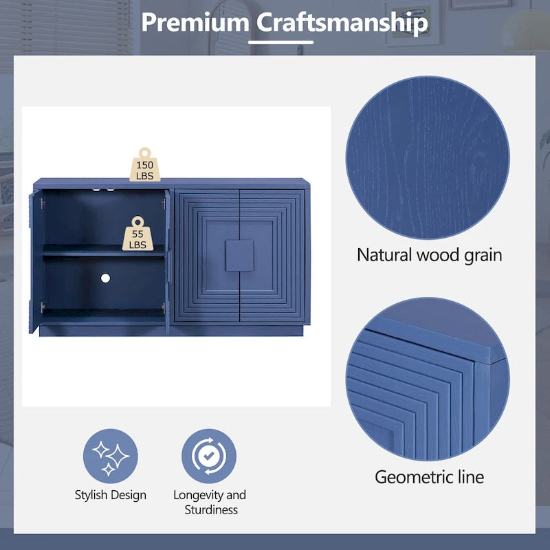 4-Door Fluted Sideboard Cabinet with Adjustable Shelves Navy Blue