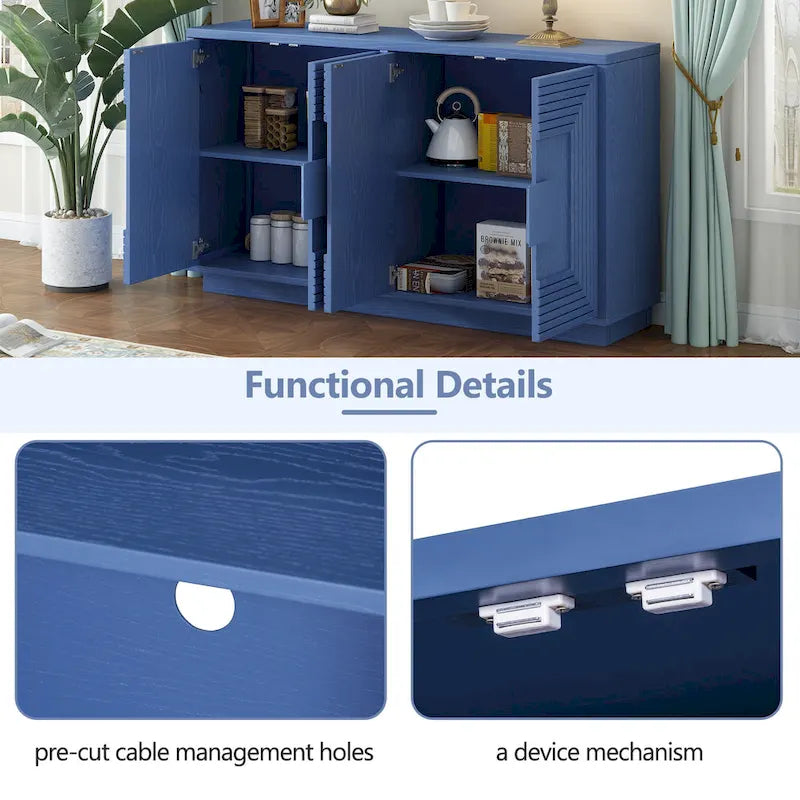 4-Door Fluted Sideboard Cabinet with Adjustable Shelves Navy Blue