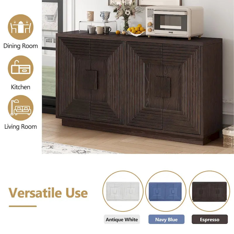 4-Door Fluted Sideboard Cabinet with Adjustable Shelves Navy Blue