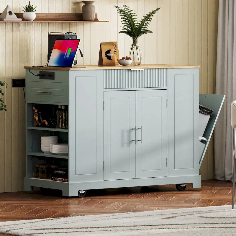 White Rolling Kitchen Island Cart with Tilt-Out Trash Can Hidden Storage