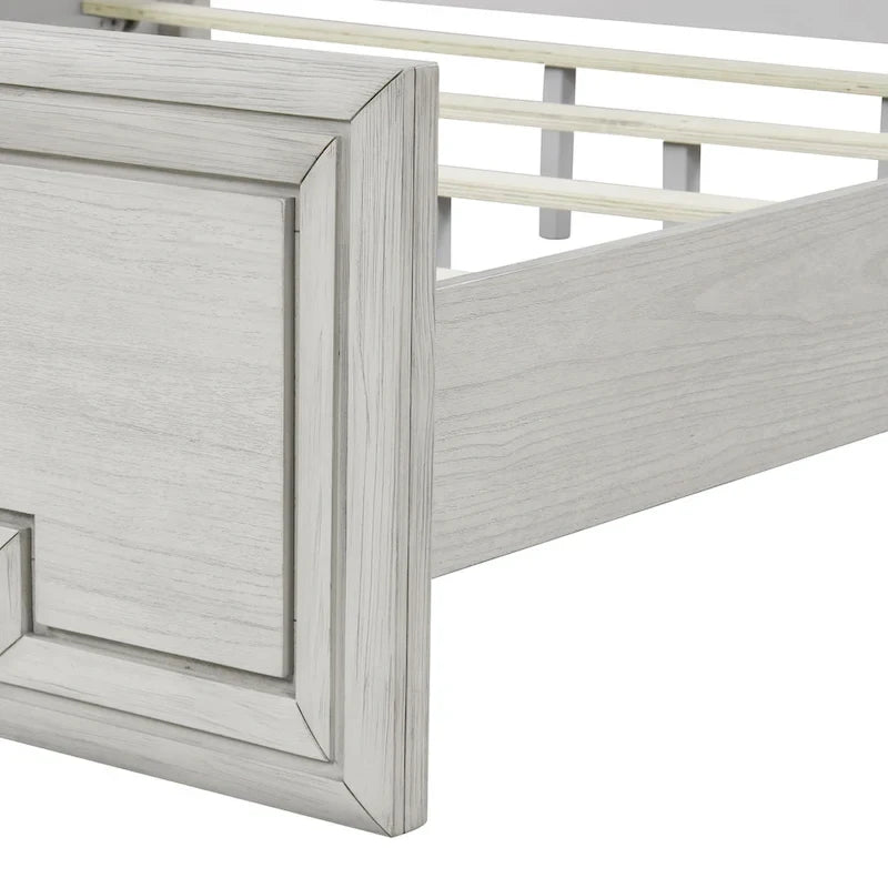 Rustic White Solid Wood Carved Panel Bed with Elegant Headboard Footboard
