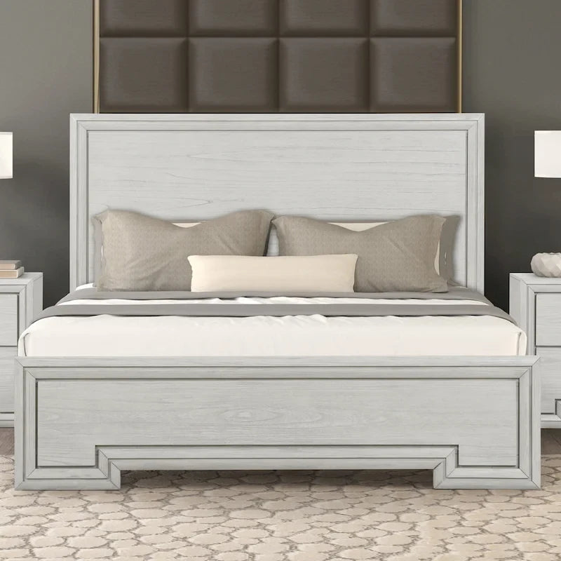 Rustic White Solid Wood Carved Panel Bed with Elegant Headboard Footboard