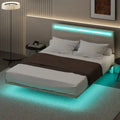 Upholstered Floating Platform Bed Frame with LED Headboard Lights Beige Gray Velvet