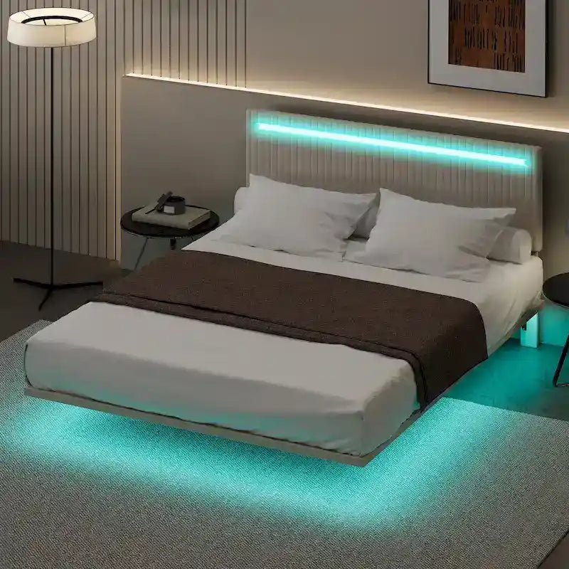 Upholstered Floating Platform Bed Frame with LED Headboard Lights Beige Gray Velvet