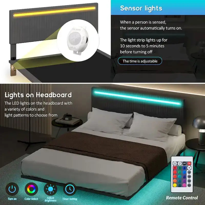 Floating Bed Upholstered Frame Velvet Fabric Platform Bed Adjustable Wingback Bed, Lights on Headboard, Sensor Lights Underbed